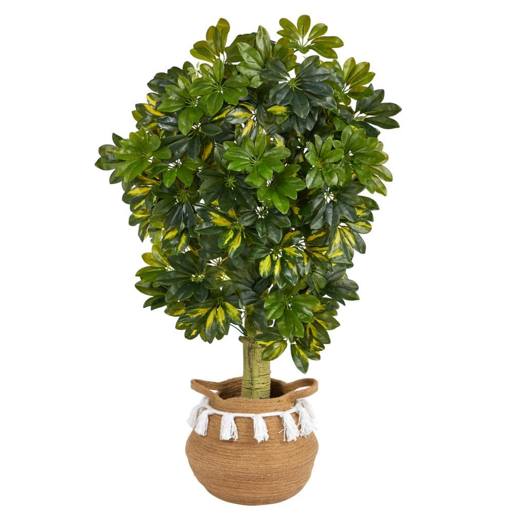 Nearly Natural 4 ft. Green Schefflera Artificial Tree in Boho Chic Handmade Natural Cotton Woven Planter with Tassels (Real Touch) T2933