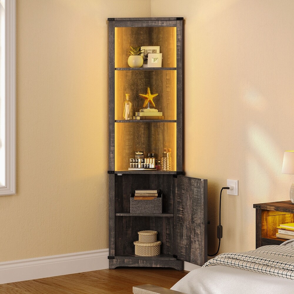 Moasis LED Corner Storage Cabinet with Light Farmhouse Tall Corner Cabinet with Barn Door Design