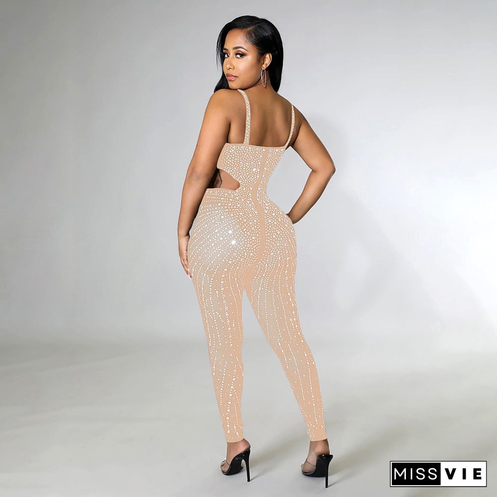 Elegant Hot Drill Cut Out Mesh Bodycon Jumpsuit