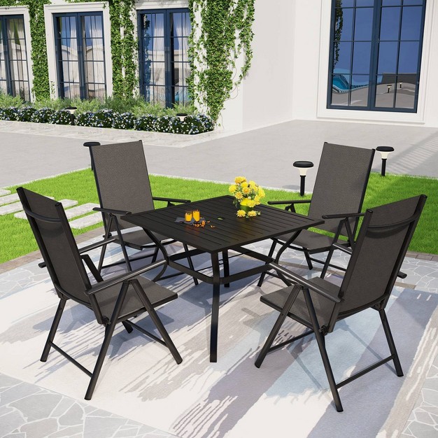 5pc Patio Dining Set With Square Metal Table With Umbrella Hole And Foldable Sling Chairs Captiva Designs