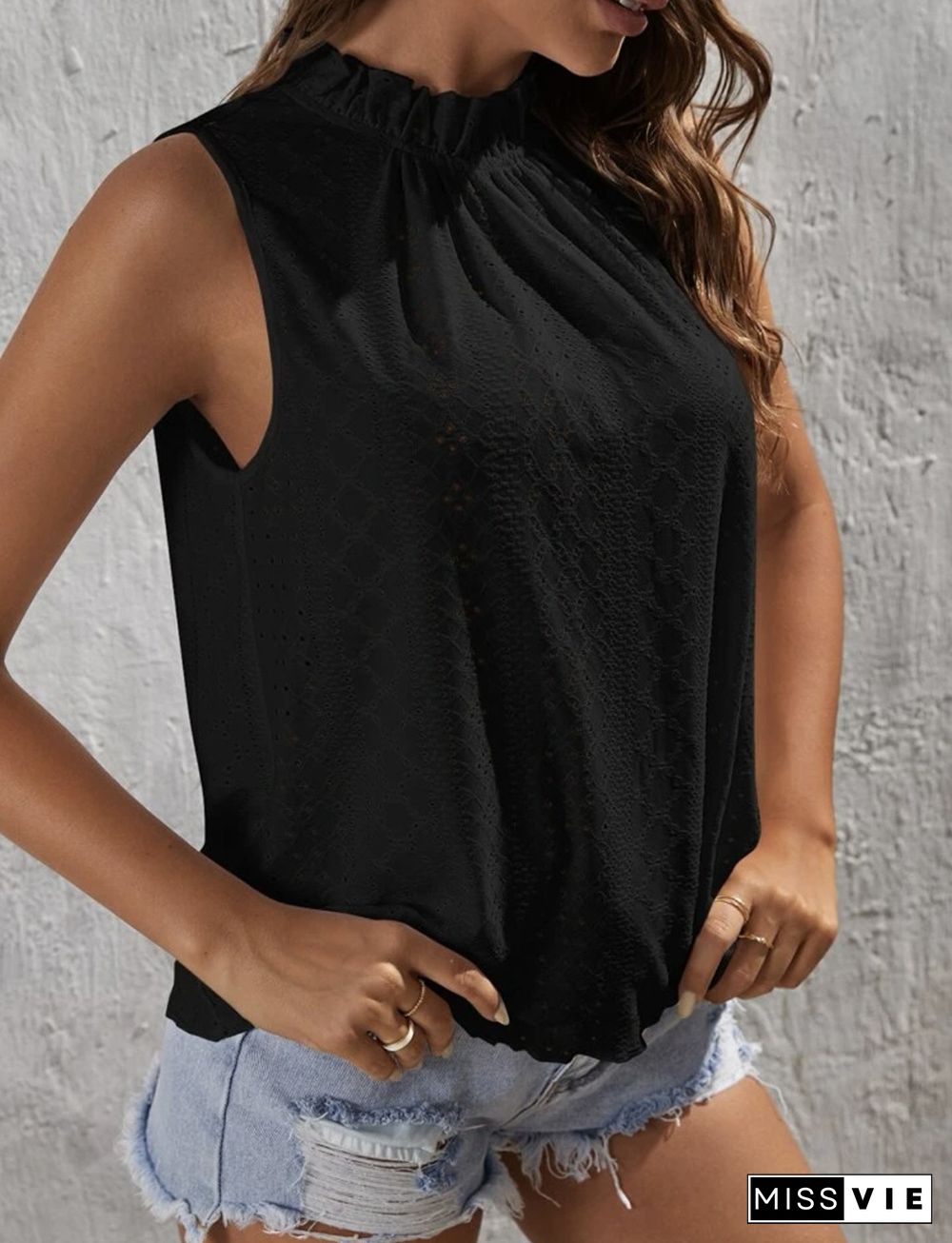 Eyelet Pattern Frill Collar Sleeves Tank Top