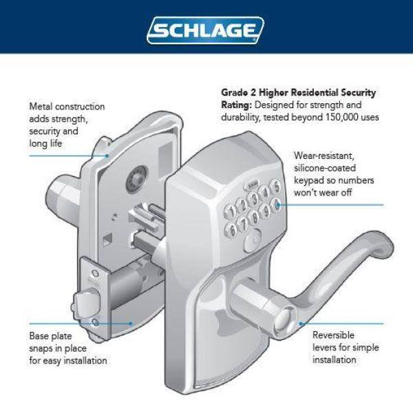 Schlage Camelot Bright Brass Electronic Keypad Door Lock with Accent Handle and Flex Lock FE595 CAM 505 ACC