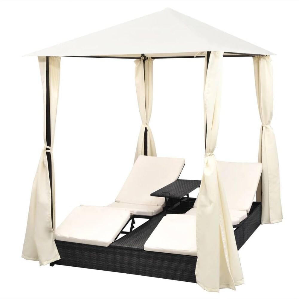 vidaXL Double Sun Lounger with Curtains Poly Rattan Black   77.6\