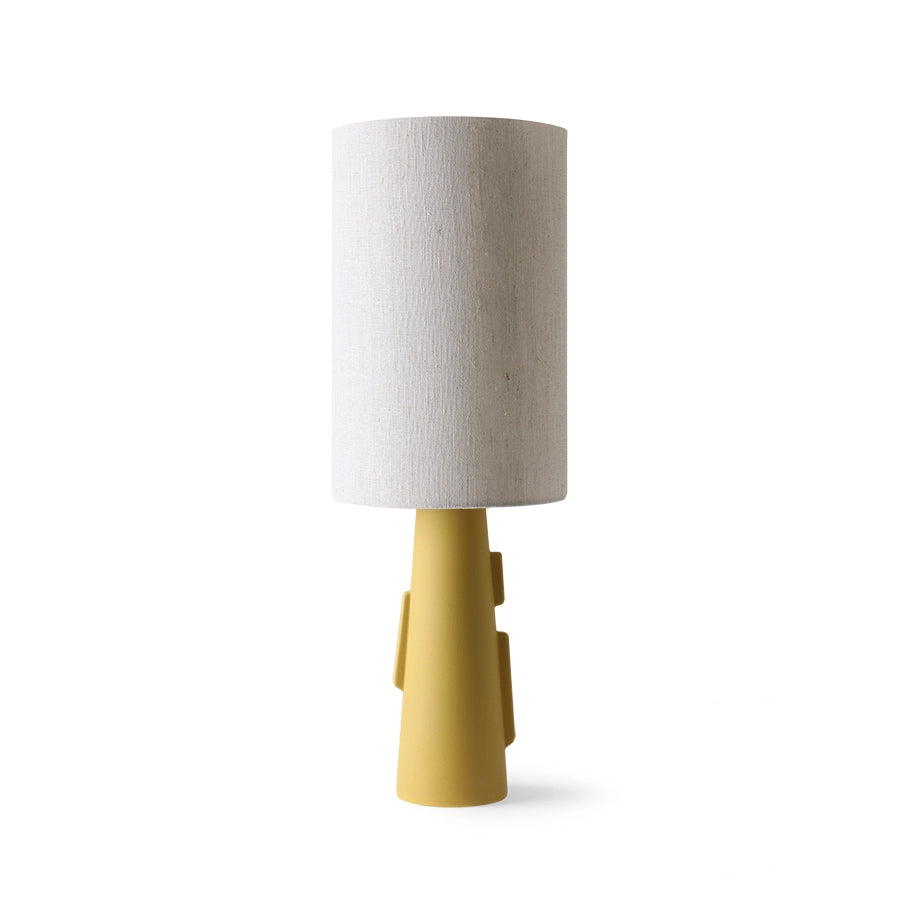 Mustard yellow table lamp with natural linen shade