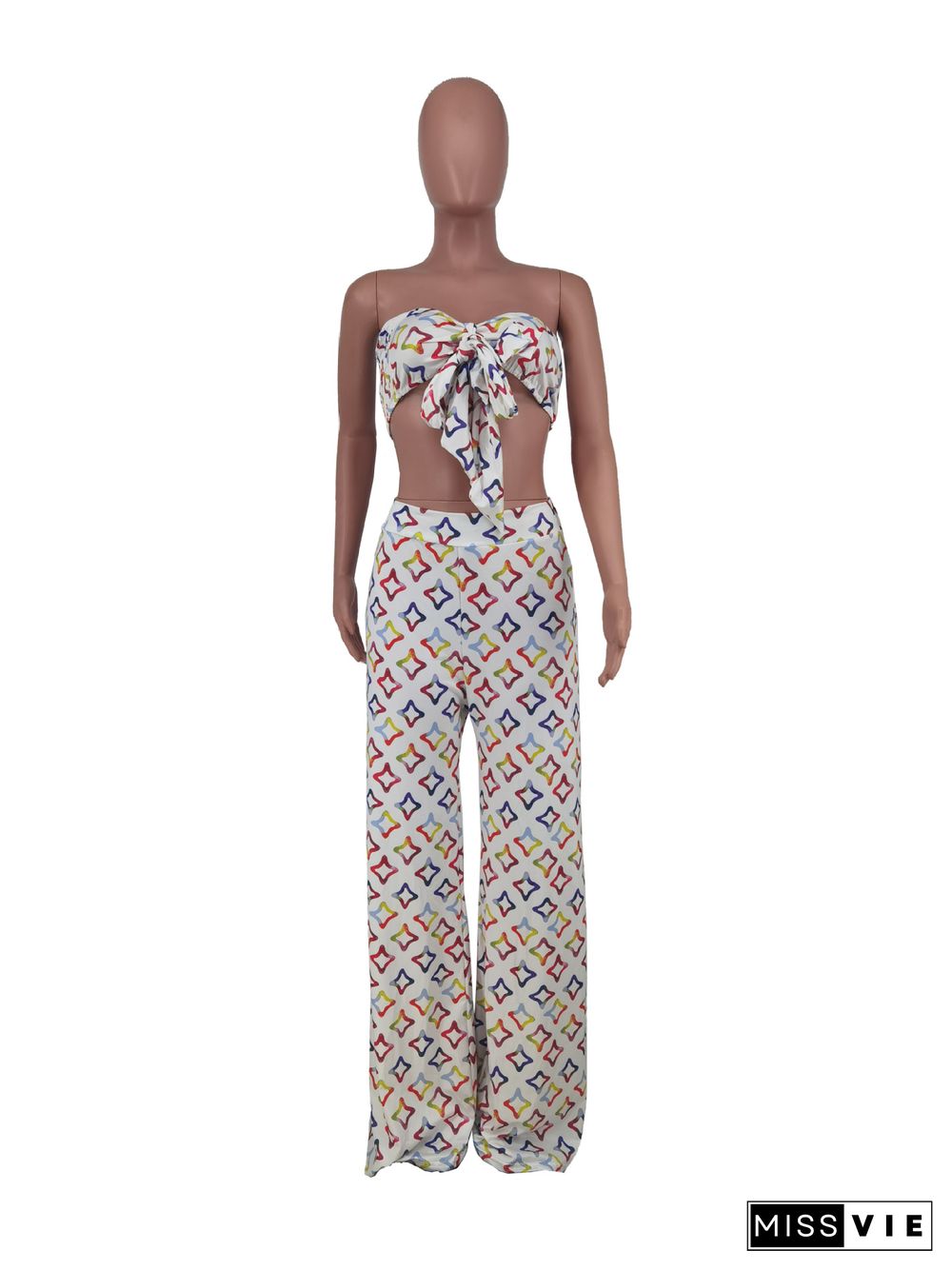 Summer Women Print Sleeveless Strapless Bandage Crop Tops Wide Leg Pants Streetwear 2 Piece Sets