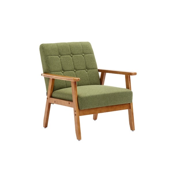 Green Leisure Chair with Solid Wood Armrest ， Linen Accent chair