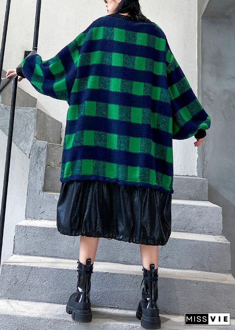 French green plaid cotton clothes drawstring Plus Size patchwork Dress