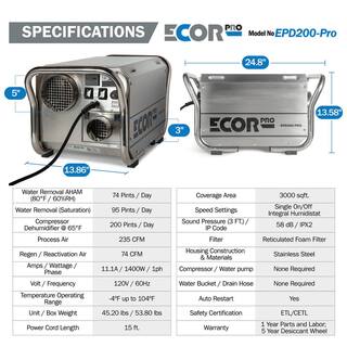 Ecor Pro 200 Pint Portable Commercial Stainless Steel Desiccant Dehumidifier for Basement CrawlSpace Whole House and Warehouses EPD200-PRO