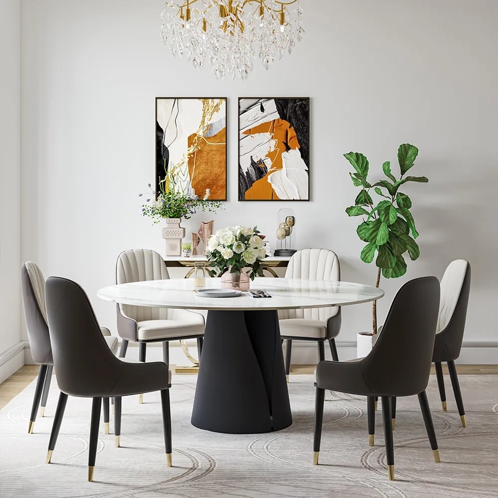 Modern Round White Dining Table for 4 6  faux marble table top