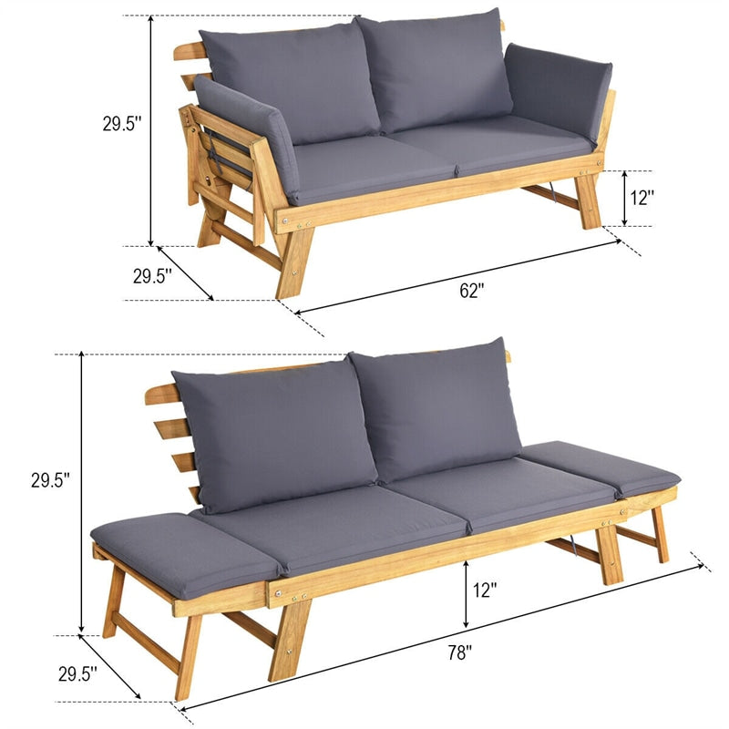 Acacia Wood Patio Daybed Convertible Couch Sofa Bed, Outdoor Folding Chaise Lounge Bench with Adjustable Armrest