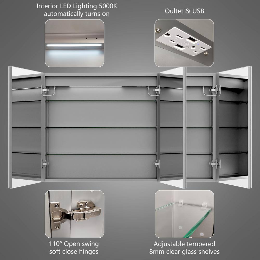 Lonni 48 in. W x 30 in. H Silver Rectangular Aluminum RecessedSurface Mount Light Medicine Cabinet with Mirror and Clock LONY4830V6D