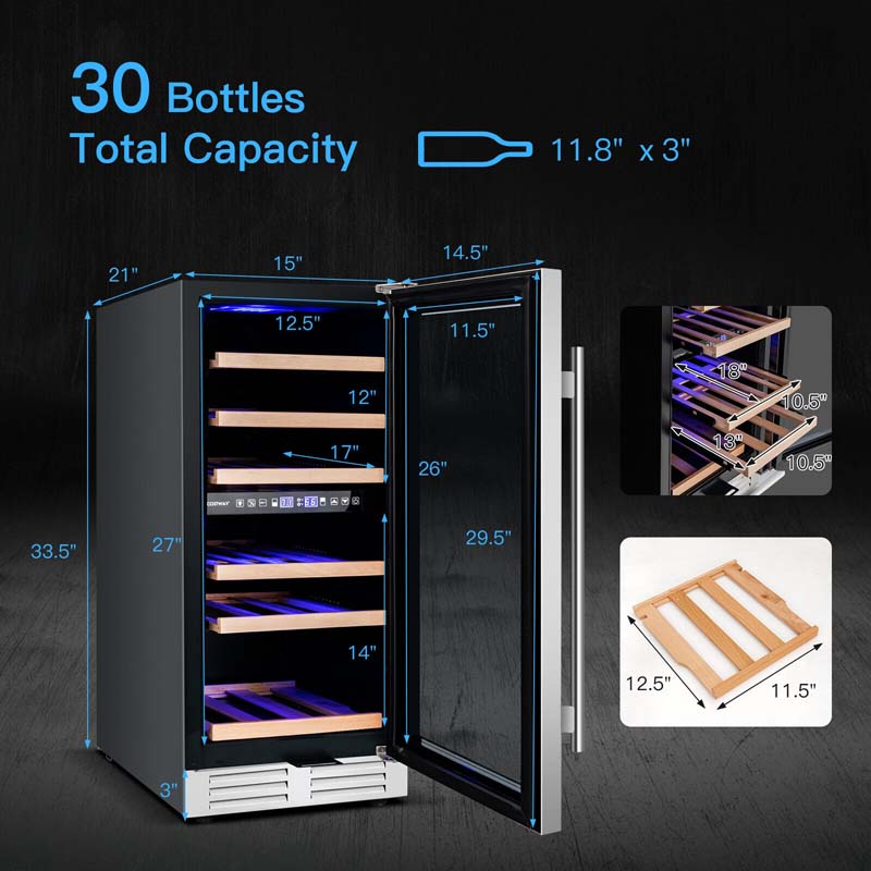 30-Bottle Wine Cooler Dual Zone Wine Cellar with Temp Memory, Freestanding & Built-in Wine Refrigerator