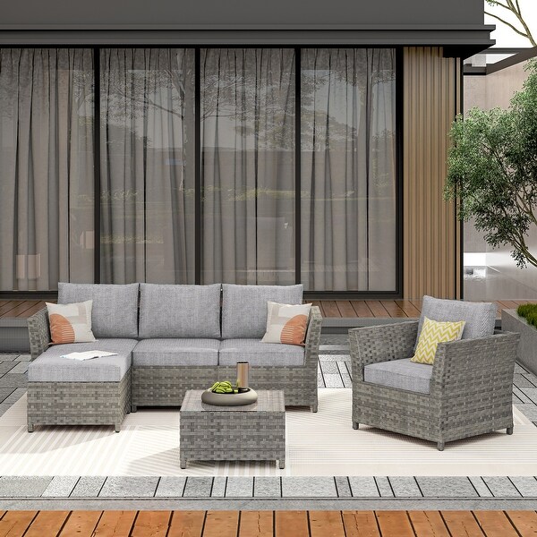 HOOOWOOO Patio Furniture Outdoor 6piece Grey Rattan Sectional Set with Ottoman