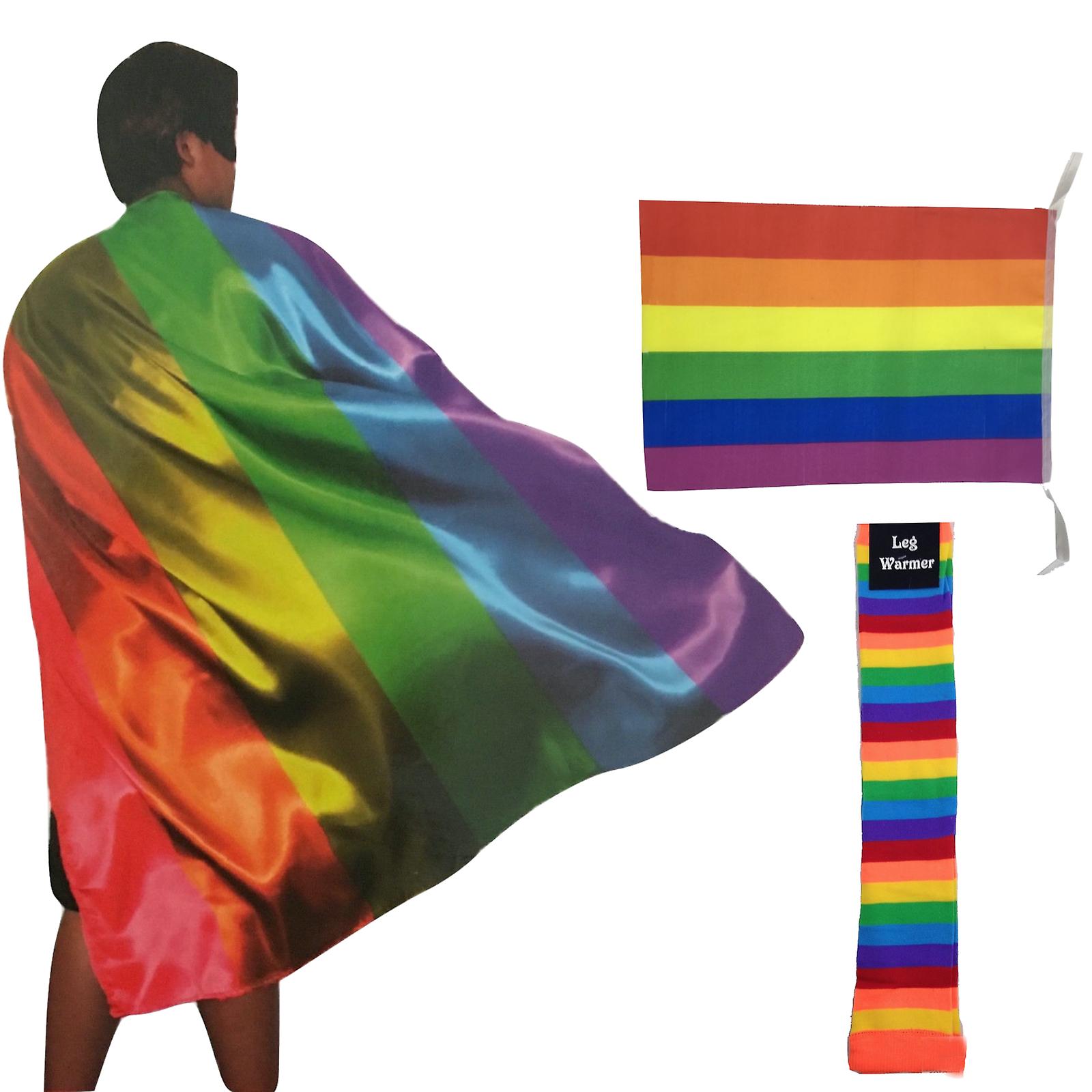 3X set rainbow leg warmers + deluxe cape + bunting flag lesbian gay costume