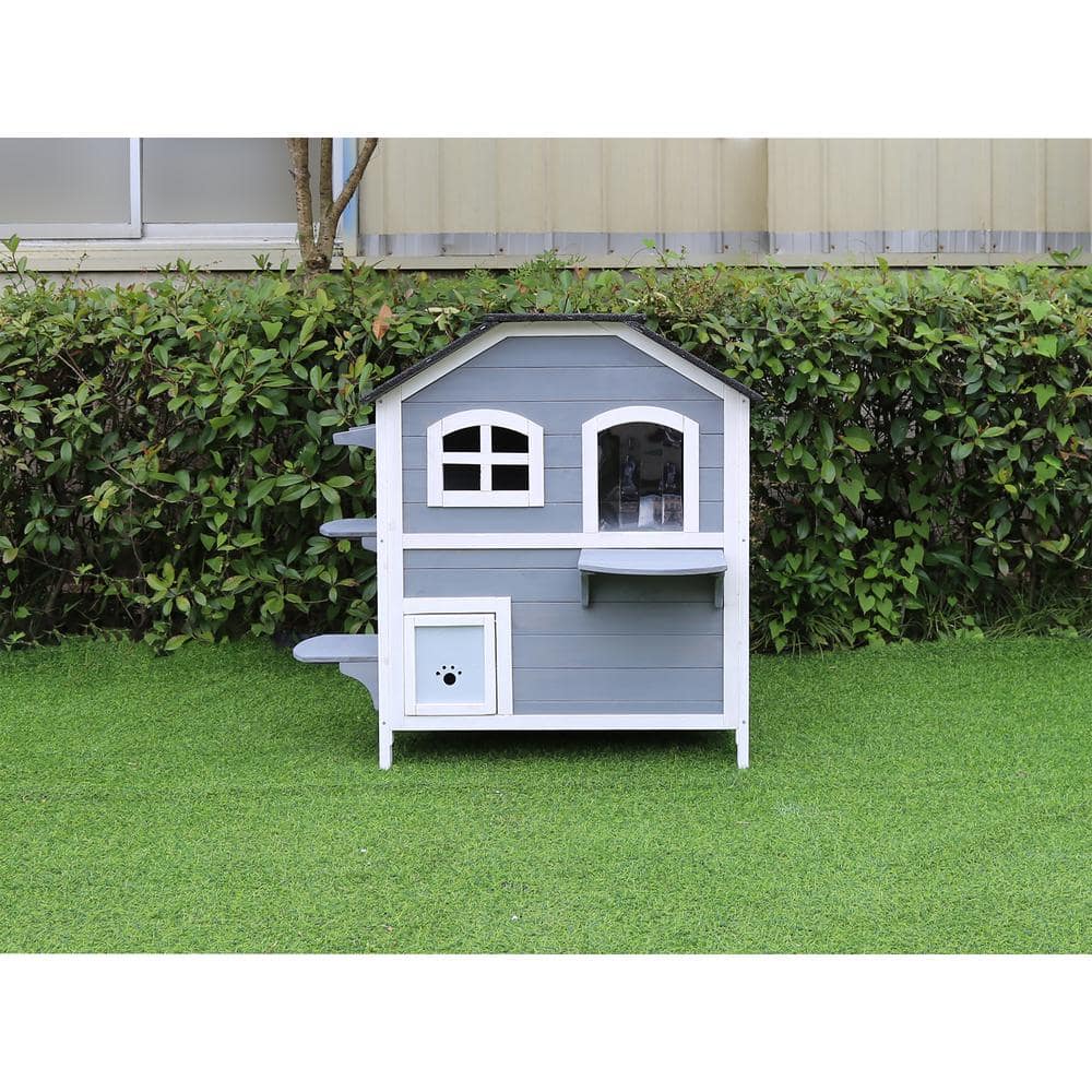 Hanover Outdoor Cat House with 2-Levels, Waterproof Roof, Escape Doors and Ledge Seating HANCH0101-WG