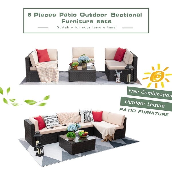 Furniwell 6Piece Outdoor Patio Furniture Sets Sectional Sofa Set Acacia Wood Set with Table