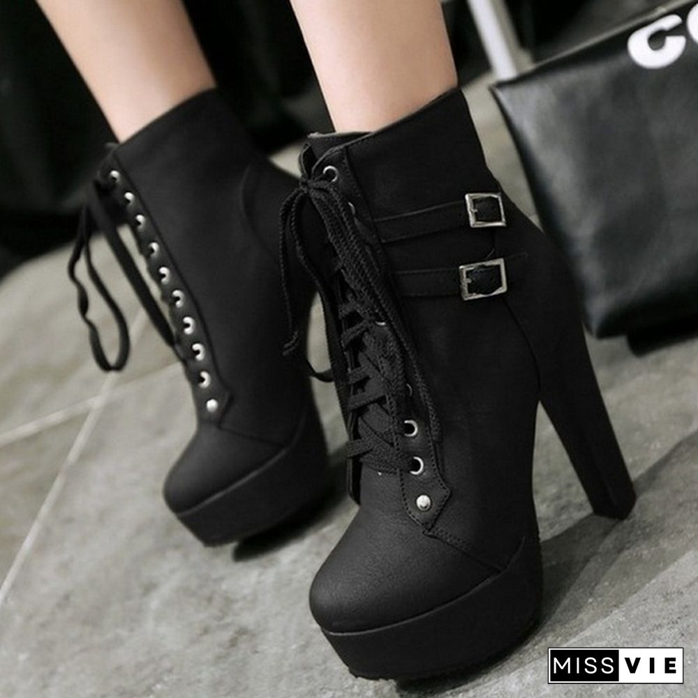 New Women Fashion Short Boots Comfortable High Heel Waterproof Platform Coarse Heel Middle Barrel Boots