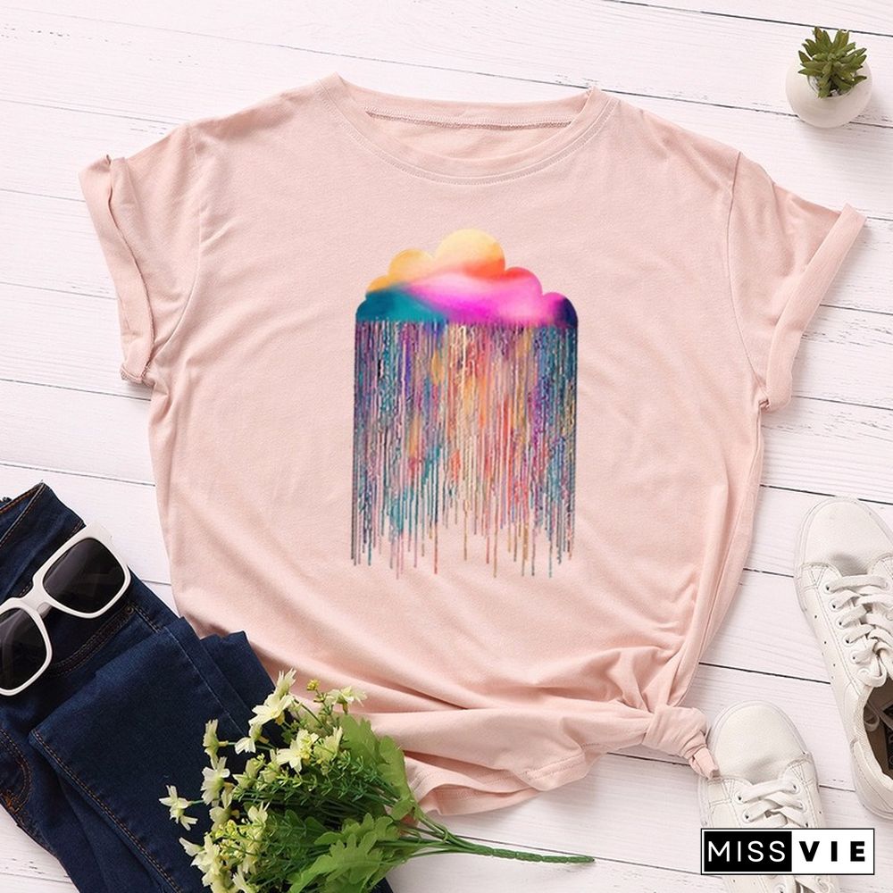 JCGO Summer Cotton Women T Shirt S-5XL Versatile Colorful Cloud Print Short Sleeve Tees Tops Casual Simple O-Neck Female TShirts