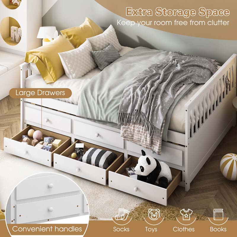 Full Captain's Bed with Trundle Bed & 3 Storage Drawers, Wooden Platform Storage Daybed for Kids Guests Sleepovers