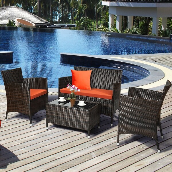 Costway 4PCS Rattan Patio Furniture Set Cushioned Sofa Chair Coffee