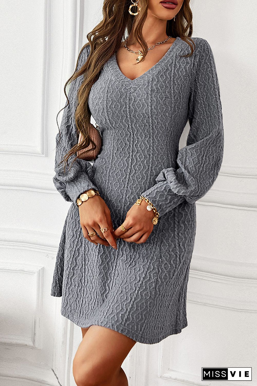 Puff Sleeve Texture V Neck Plain Bodycon Dress