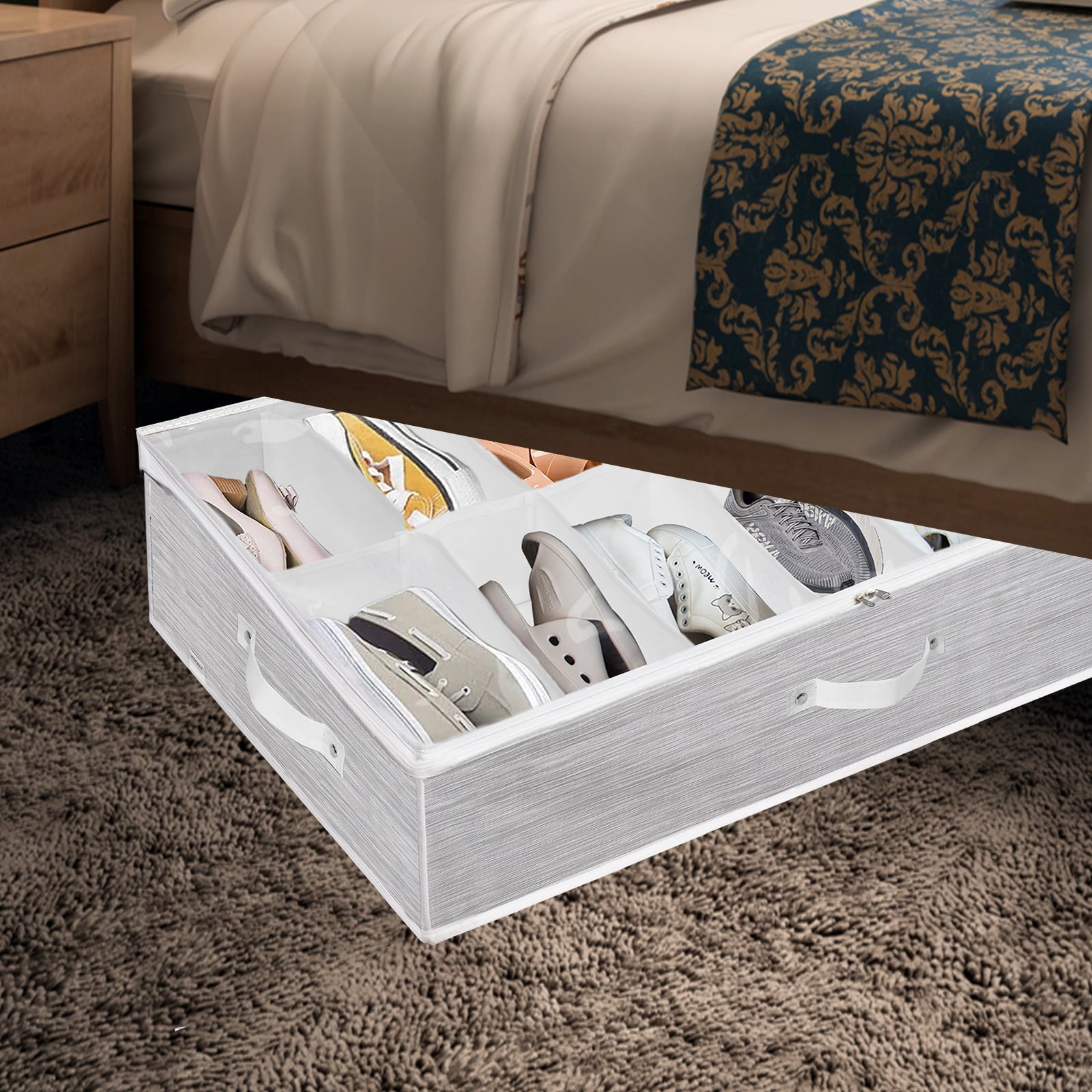 Homfort Shoe Organizer Under Bed， Fabric Underbed Shoe Storage Boxes Holder for Closet， Men Women Kids Shoes， High Heels， Short Boots， Sneakers， White， Set of 2