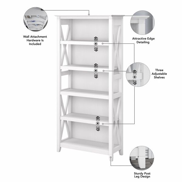 Bush Furniture Key West Tall 5 Shelf Bookcase in Pure White Oak