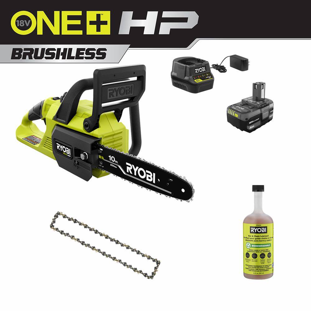 RYOBI ONE+ HP 18V Brushless 10 in. Battery Chainsaw wExtra Chain Biodegradable Bar  Chain Oil 4.0 Ah Battery  Charger P2520-CMB1