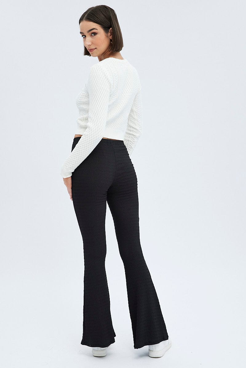 Black Flare Leg Pants Textured Jersey