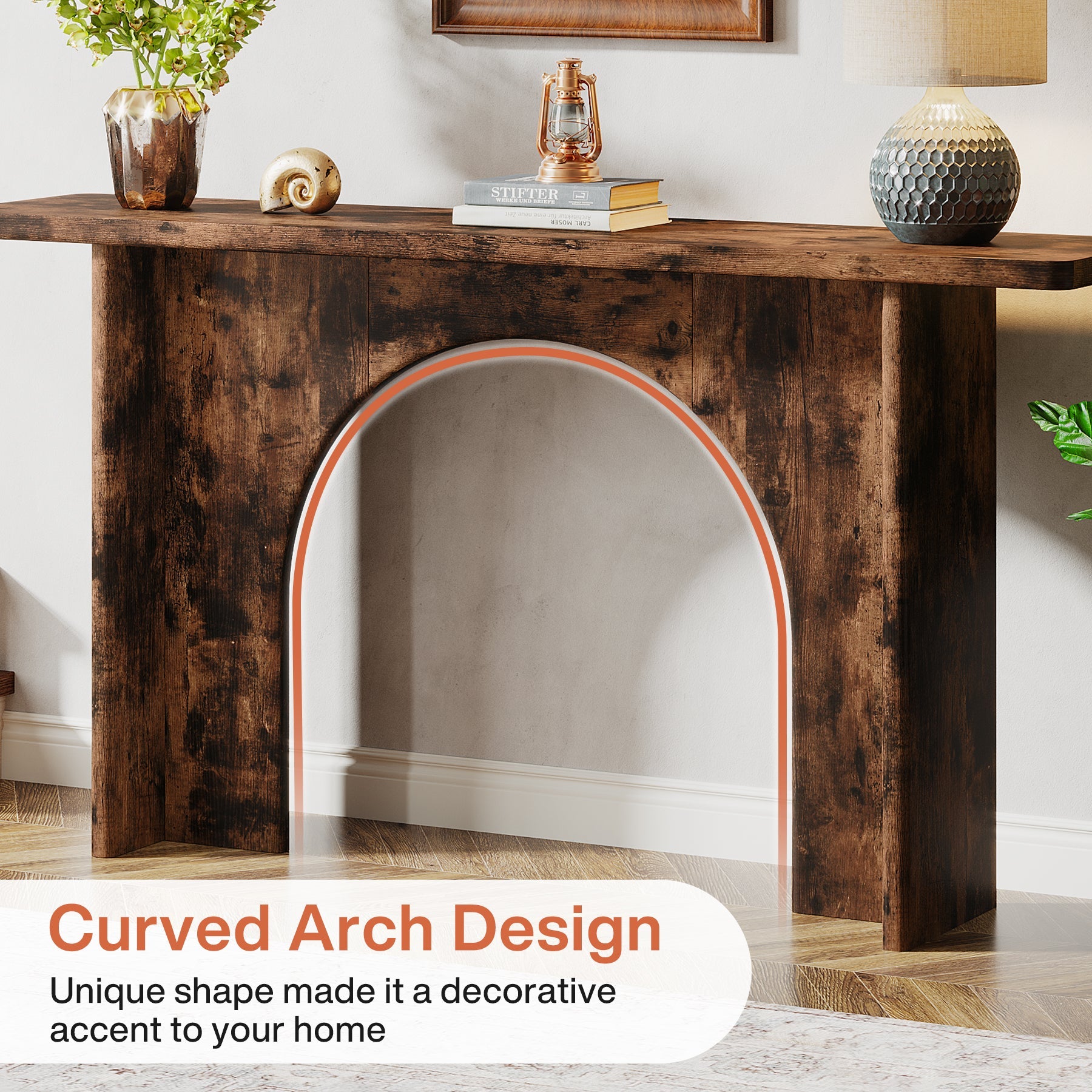 63-Inch Console Table, Wood Farmhouse Entryway Table with Arch Brace