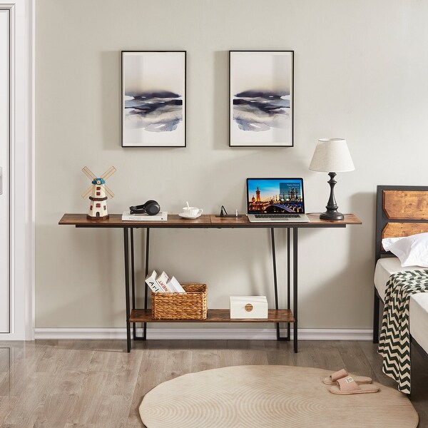 Industrial Rectangular Console Table with 2 Outlet and 2 USB Charging Ports