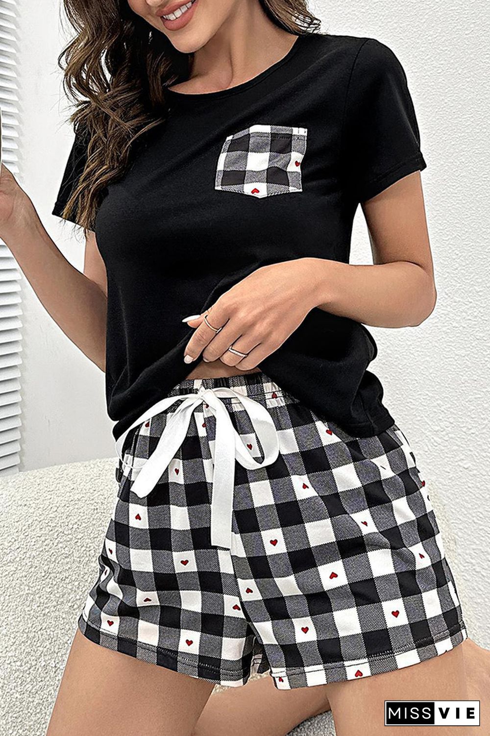 Black Plaid Pockets Short Sleeves Top With Shorts 2pcs Lounge Set