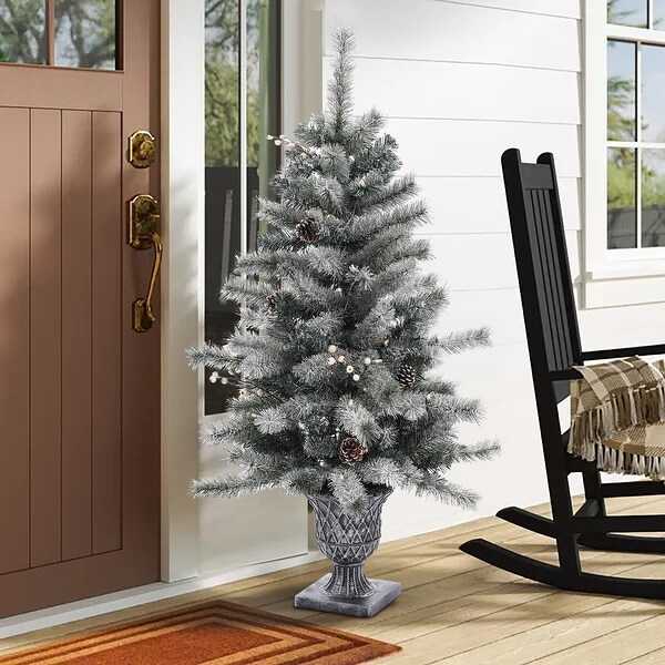 4Ft PreLit LED Artificial Flocked Pine Christmas Tree Potted (Set of 2)