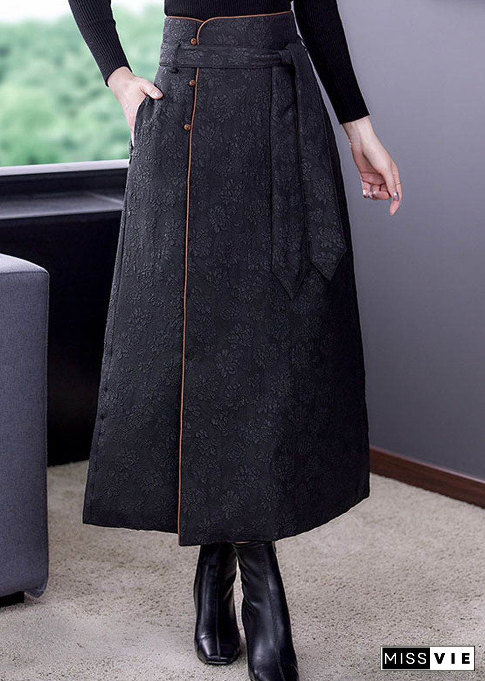 Italian Black tie waist Fine Cotton Filled Skirt Winter