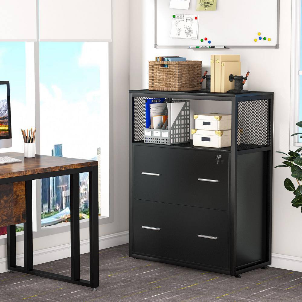 BYBLIGHT Atencio Black File-Cabinet with Lock Open Storage Shelves BB-C0341XF