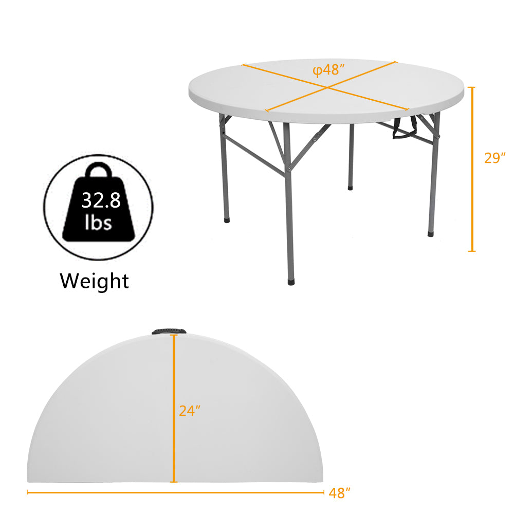 GZXS Round Folding Table 48 Inch， Foldable Portable Plastic Small Desk with Handle， 4ft Heavy Duty Circle Commercial Card Table for Indoor Outdoor Parties， Dining， Patio， Picnic， Banquet， White