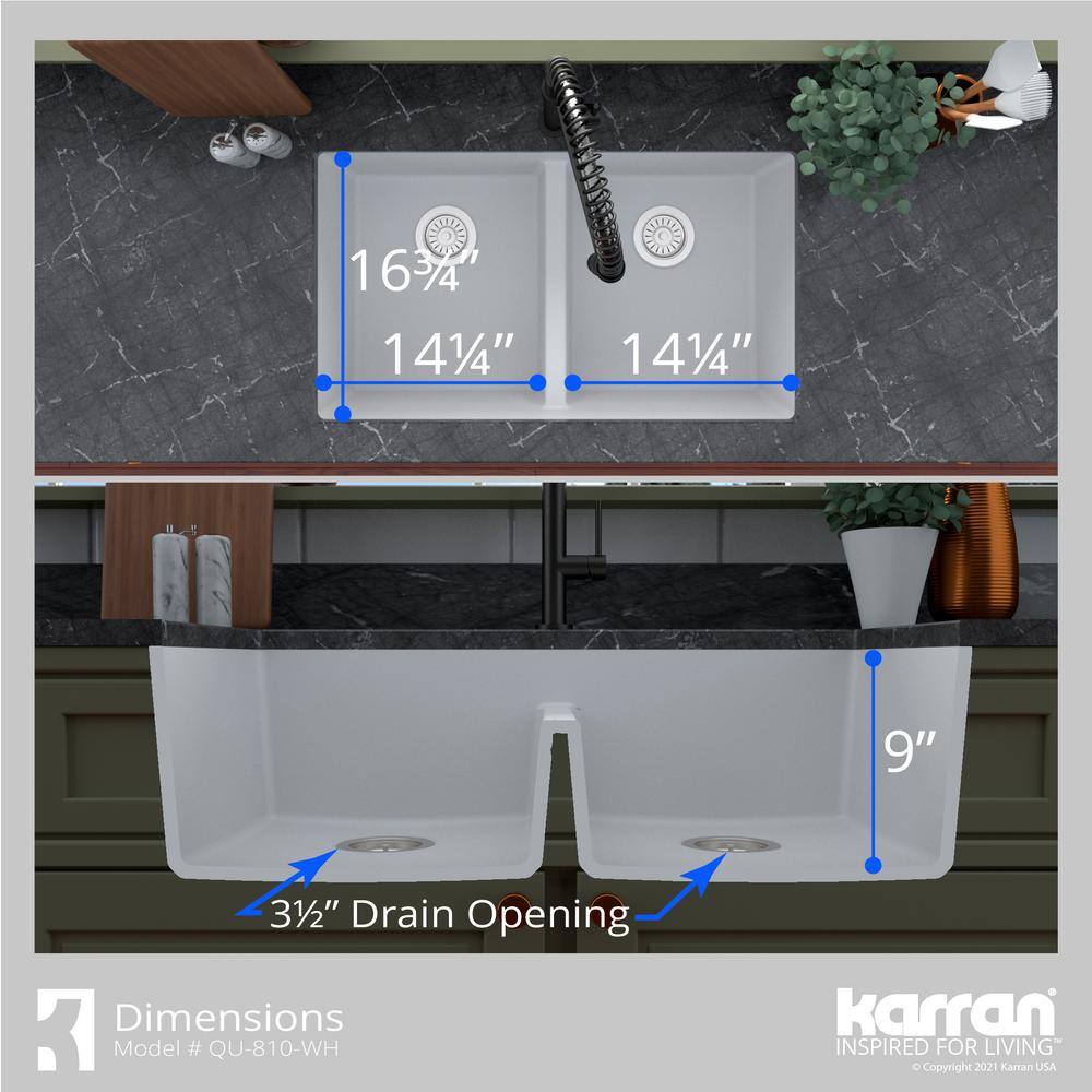 Karran Quartz White 32 in. 5050 Double Bowl Composite Undermount Kitchen Sink QU-810-WH