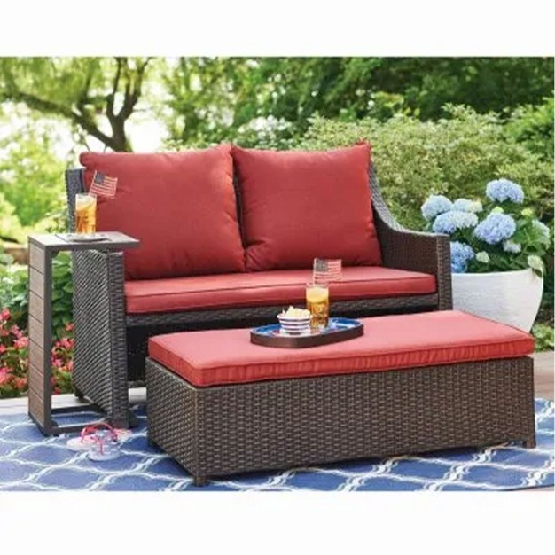 Four Seasons Courtyard x27 s Redington All weather Chic 3 piece Patio Seating Furniture Set With Loveseat Cushions Table And Ottoman Red