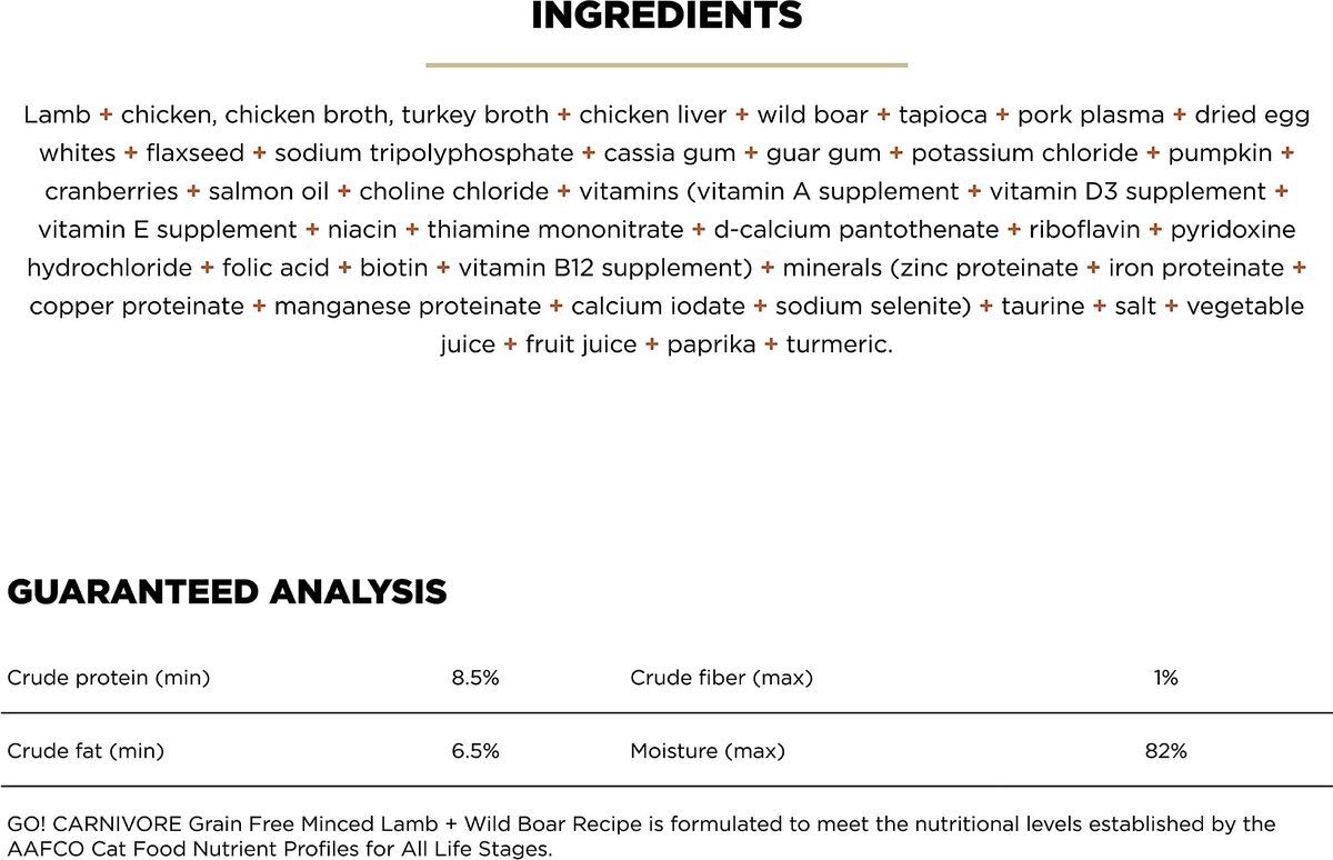 Go! CARNIVORE Grain-Free Minced Lamb + Wild Boar Cat Food