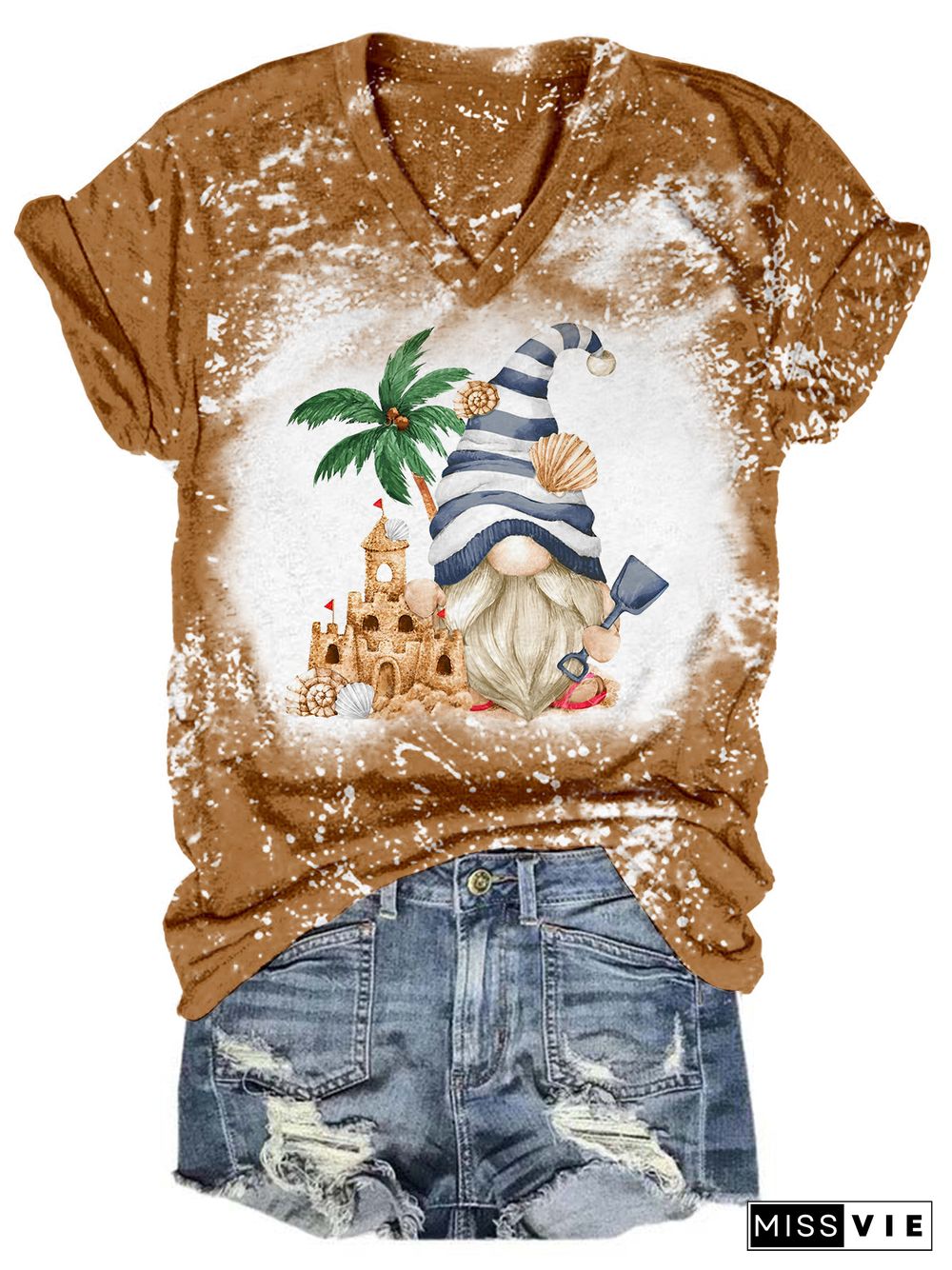 Sand Castle Gnome Tie Dye V Neck T-shirt