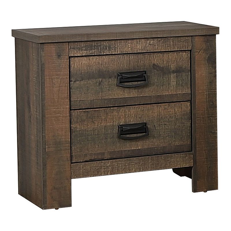 Wooden Nightstand with 2 Drawers and Saw Hewn Texture， Brown