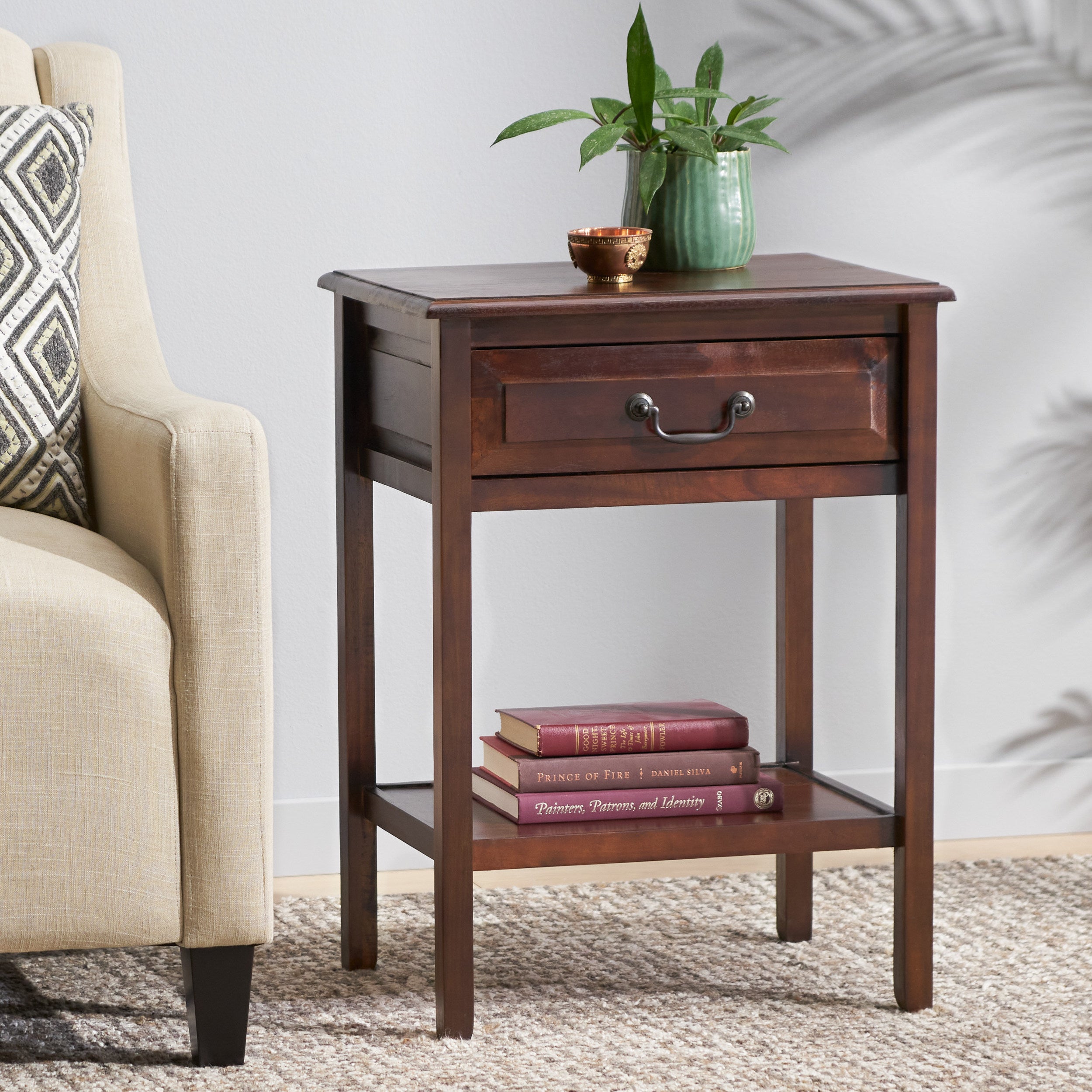 Noah Traditional Brown Mahogany Acacia Wood Accent Table with Top Drawer