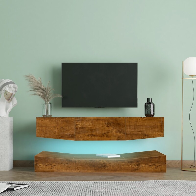 Wall mounted TV stand with LED lights for 55 inch TV  3 drawers and open storage rack