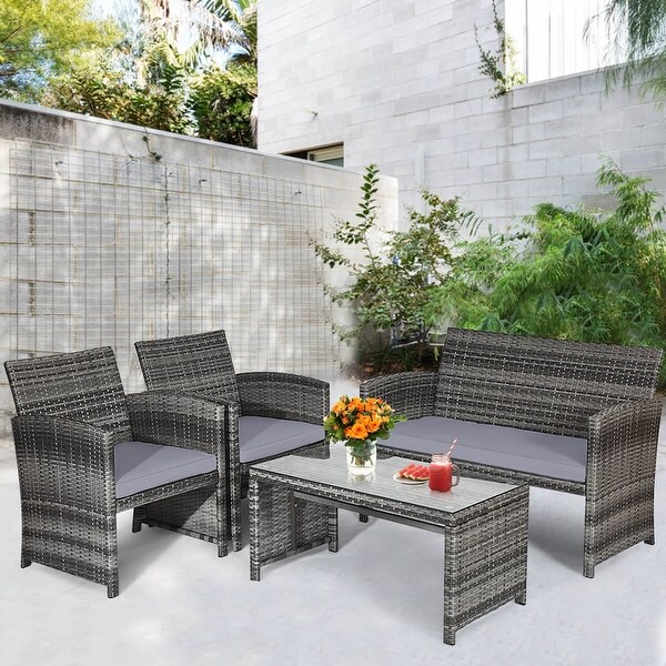 Costway 4PCS Patio Rattan Furniture Set Conversation Glass Table Top