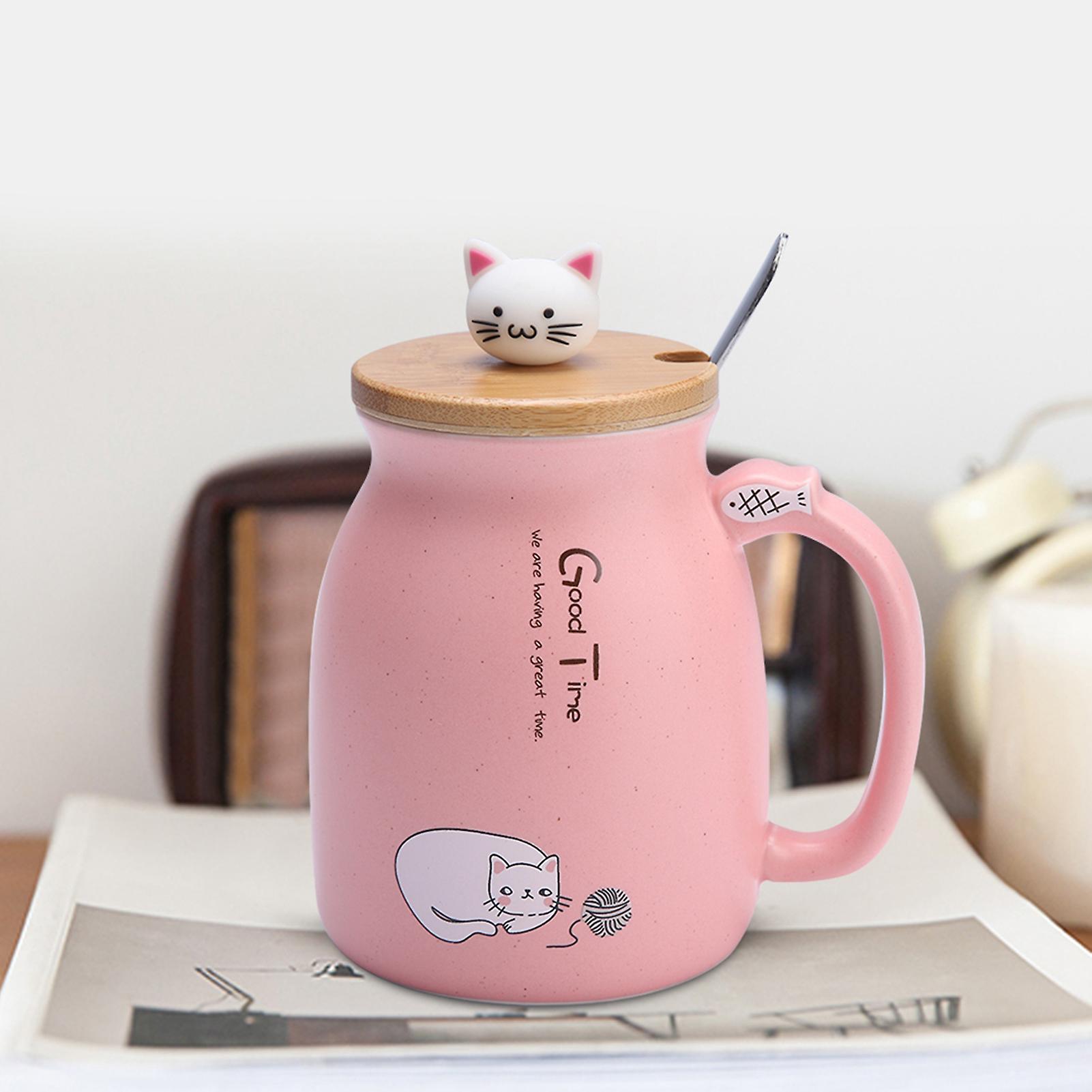 1Pc Lovely Cat Ceramic Cup with Spoon and Lid Coffee Water Milk Mug for Drinkware Gift(Pink)