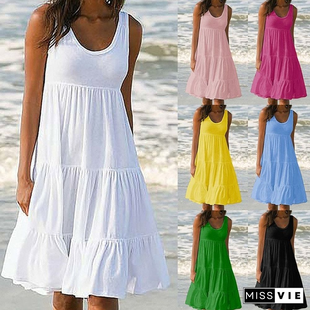 New Fashion Summer Women Casual Dress Round Neck Loose Big Swing Skirt Sleeveless Soild Color Beach Dress