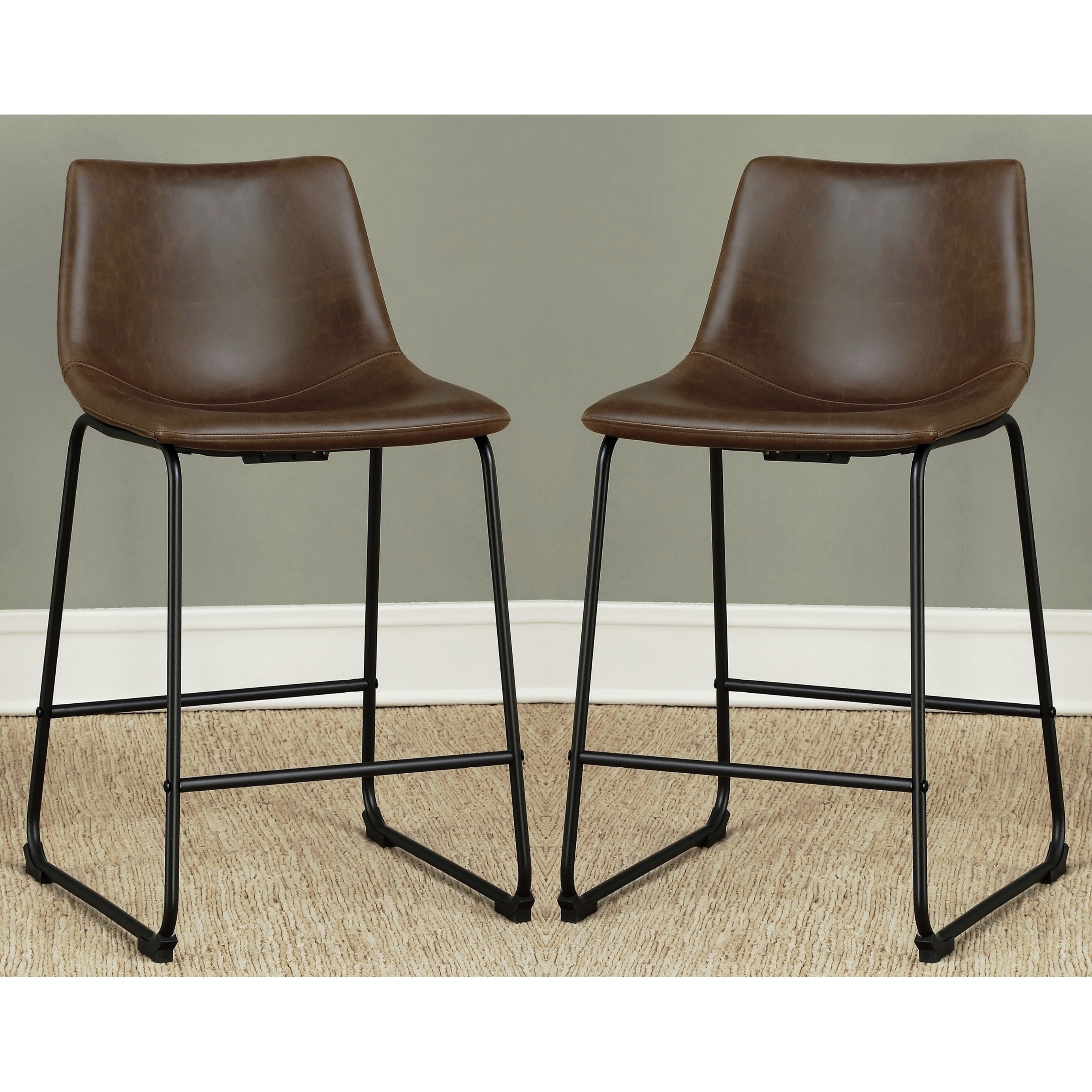 Vintage Black Matal Sled Frame with Brown Leatherette Seat Counter Height Dining Stools (Set of 2)