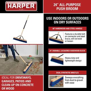 HARPER 24 in. All-Purpose HardwoodSteel Handle Push Broom for Dust and Gravel 20201044