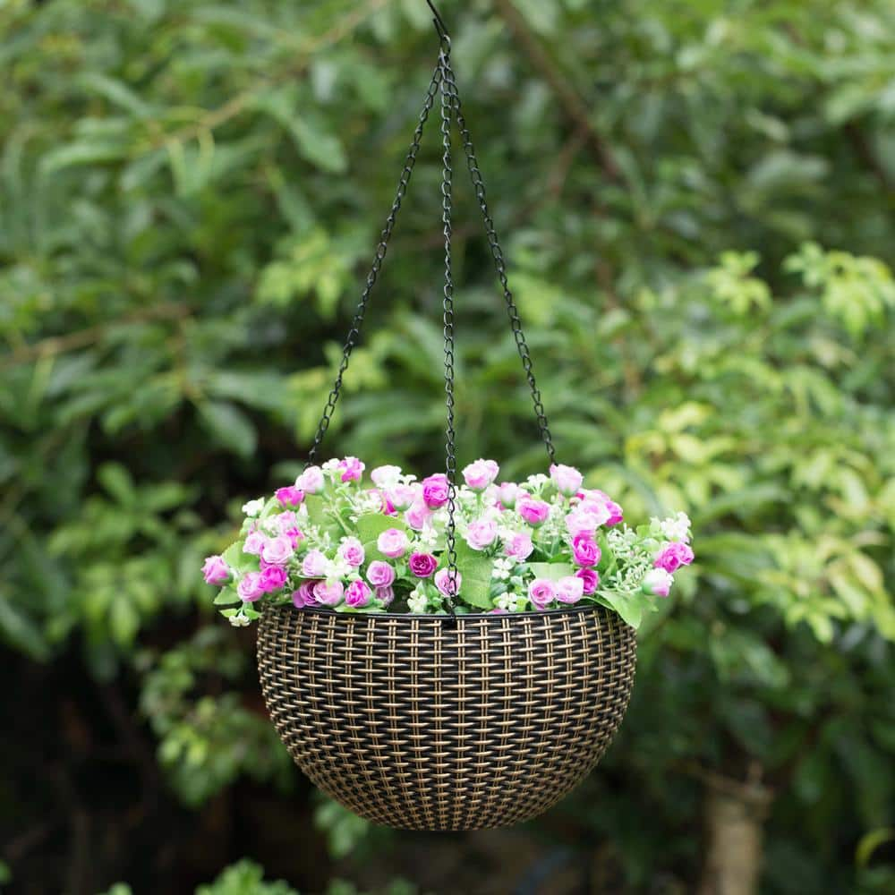 Gardenised 10 in. Self Watering Bronze Plastic Hanging Basket Flower Planter QI003891