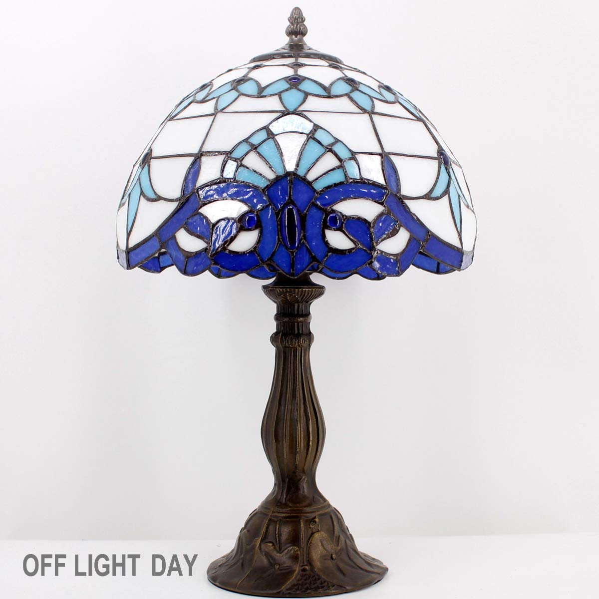 SHADY Tiffany Table Lamp Navy Blue Baroque Stained Glass Style Desk Bedside Reading Light 12X12X18 Inches Decor Bedroom Living Room Home Office S003B Series